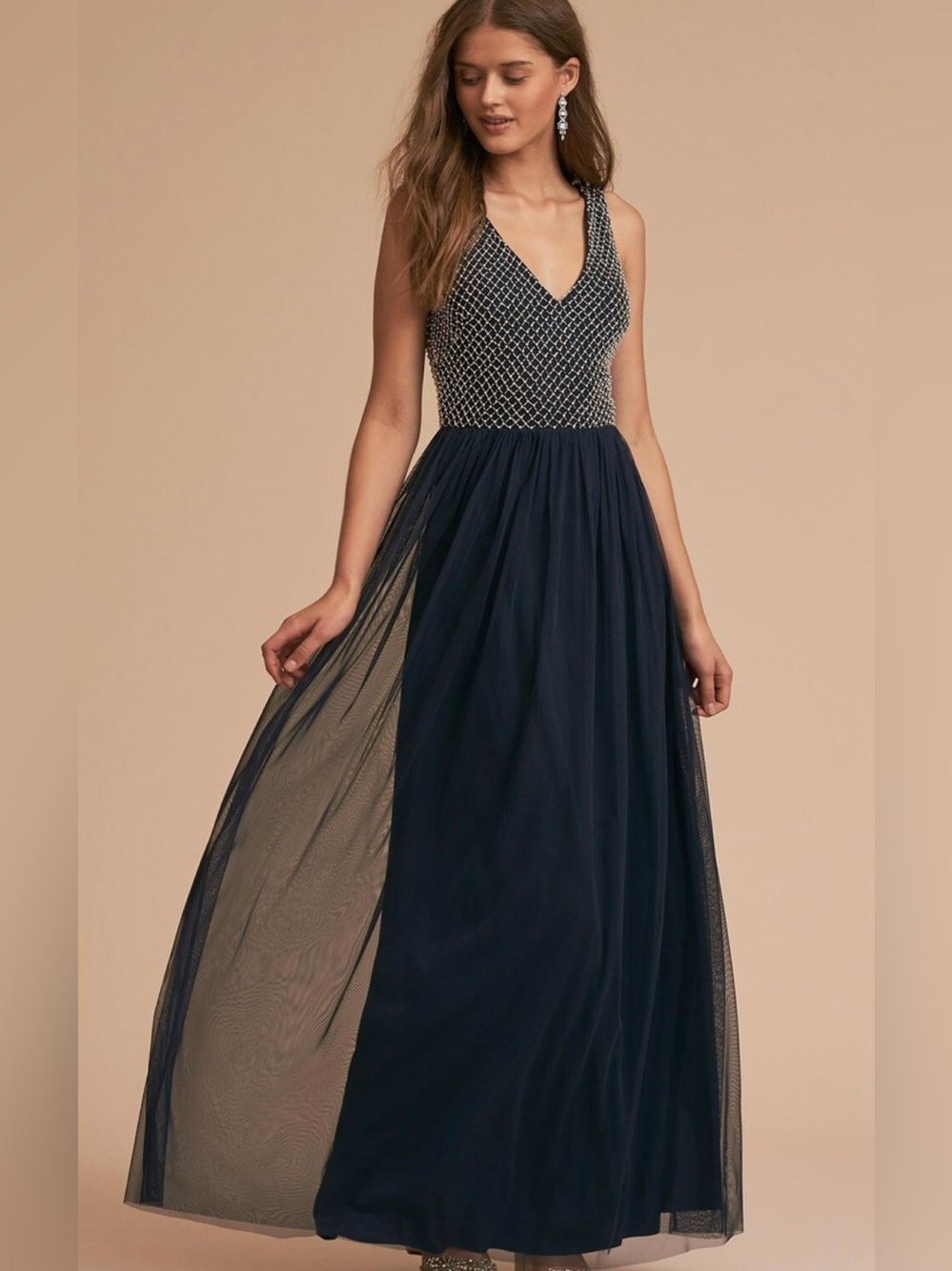 Adrianna Papell Navy Beaded V-Neck Maxi Dress